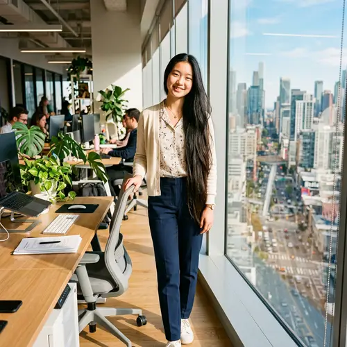Pale-Skinned Asian Teen in Sunlit Office