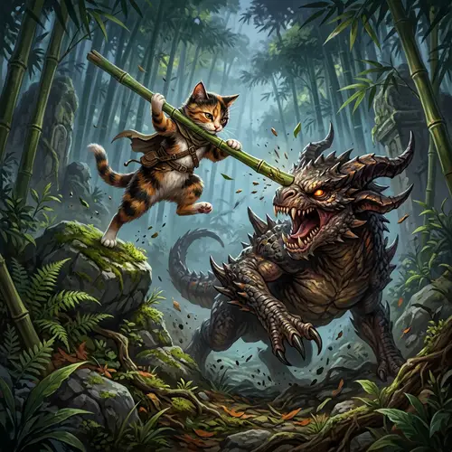 Cat Battling Monster with Bamboo Stick