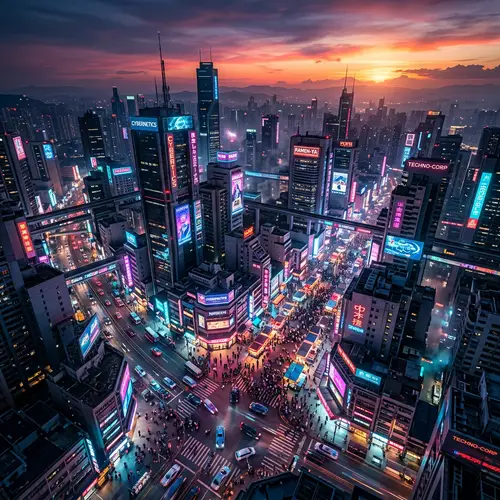 Futuristic Sunset Metropolis with Neon Glow | Cyberpunk Cityscape
