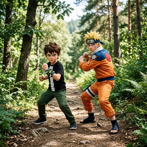 Ben 10 and Naruto Adventure | Action Figures Pose in Forest Trail