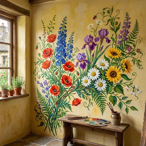 Vibrant Wildflower Mural on Neutral-Toned Yellow Wall