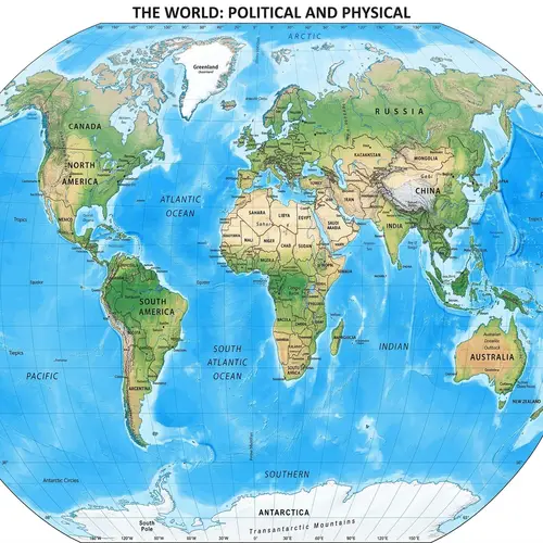 Detailed High-Resolution World Map - Continents, Cities & Landmarks