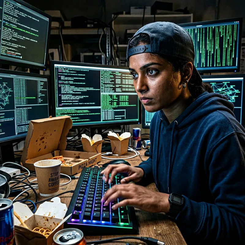 Intense Close-up of South Asian Female Hacker in Cyber Attack Scene Intense Close-up of South Asian Female Hacker in Cyber Attack Scene