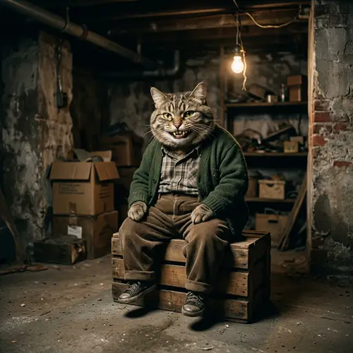 Spooky Human-like Cat in Dimly Lit Basement