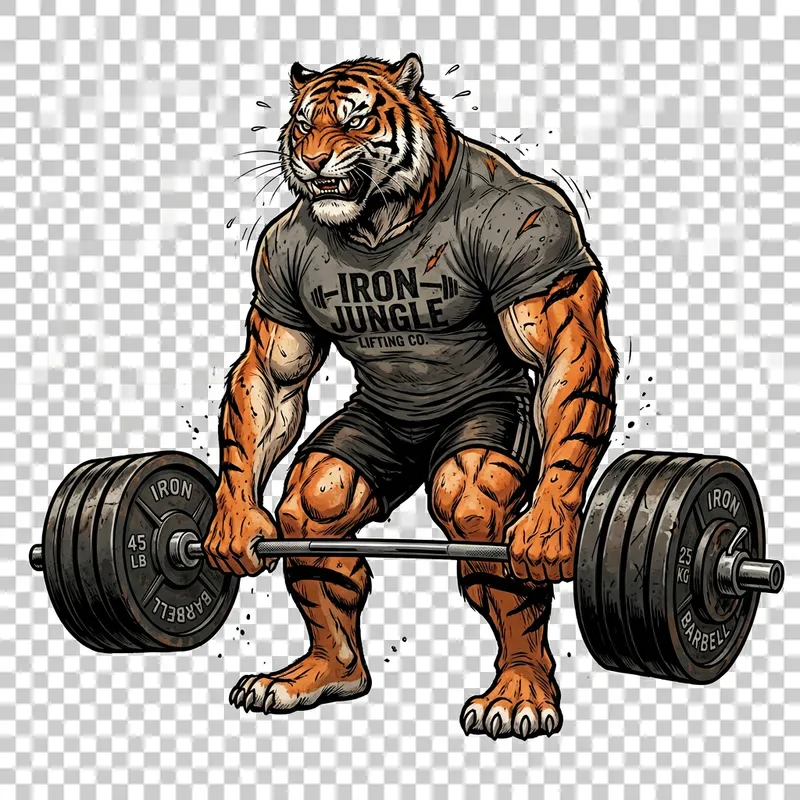 Muscular Tiger Deadlifting in Brutal Cartoon Style Muscular Tiger Deadlifting in Brutal Cartoon Style