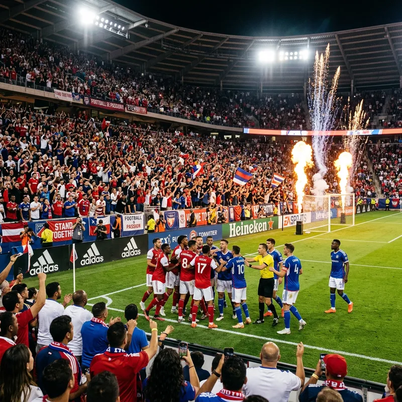 Soccer Stadium Chaos: Fierce Fight Amidst Fiery Crowd Scene