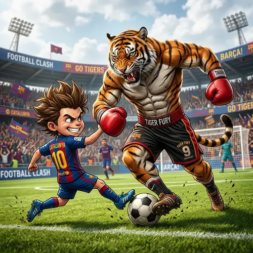 Ferocious Tiger Boxing Football Match vs Mischievous Cartoon Boy