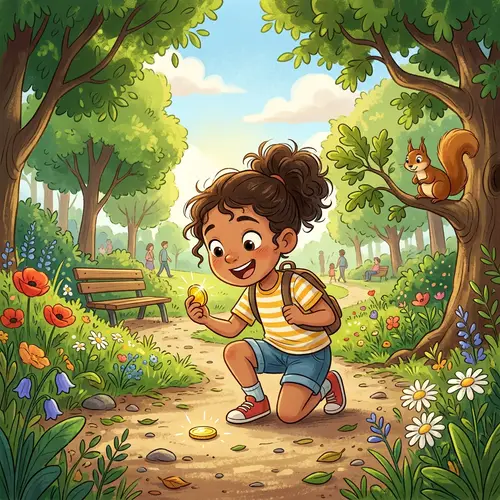 Girl Picks Up a Coin in the Park - A Colorful Cartoon