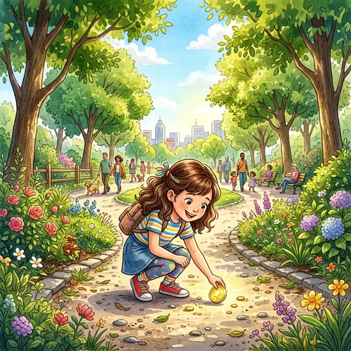 Girl Finds Golden Coin in Vibrant City Park