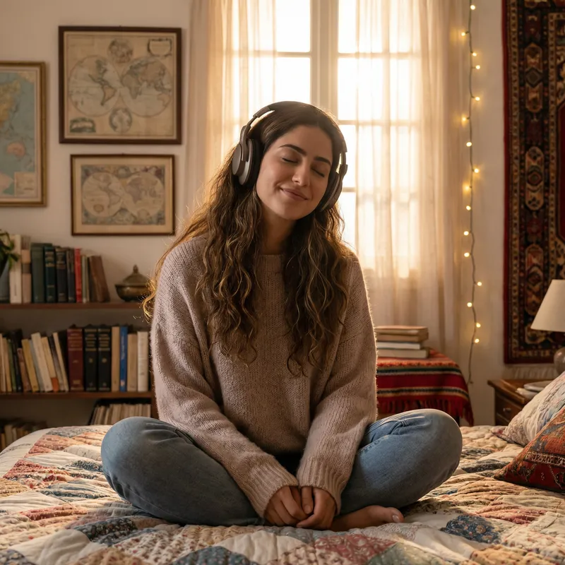 Serene Middle-Eastern Girl Lost in Music on Bed