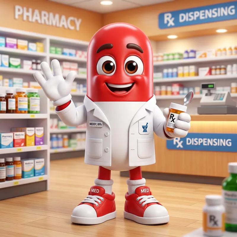 Cheerful Medicine Mascot for Pharmacy Promotion Cheerful Medicine Mascot for Pharmacy Promotion