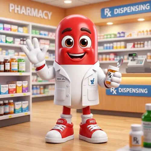 Cheerful Medicine Mascot for Pharmacy Promotion