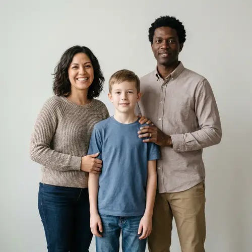 Diverse Family Portrait: Young Caucasian Boy, Hispanic Mother, and Black Father