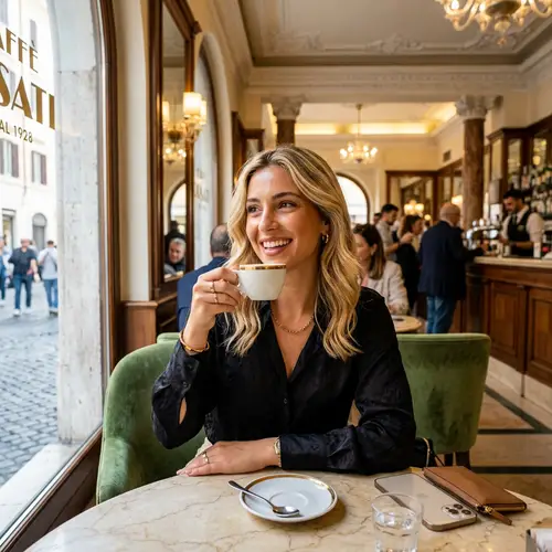 Radiant Italian Woman Enjoying Coffee in Stylish Cafe