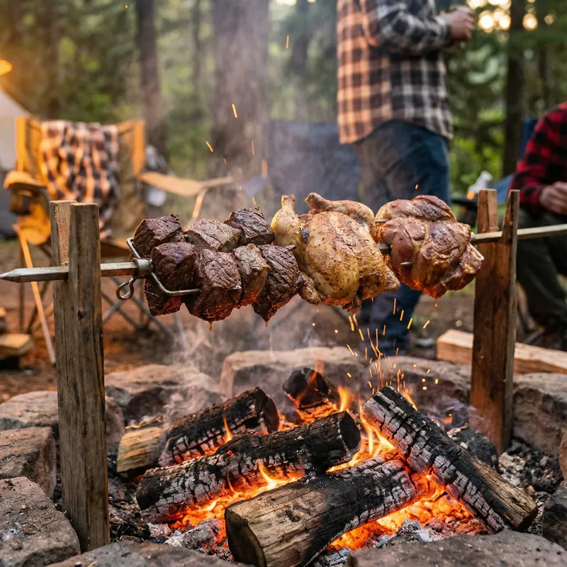Delicious Meat Spit Roasting Over Campfire - BBQ Bliss