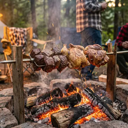 Delicious Meat Spit Roasting Over Campfire - BBQ Bliss