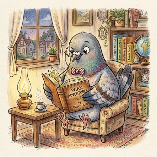 Whimsical Pigeon with Monocle Reading a Book