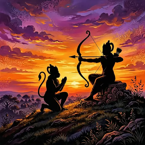 Mythological Archer Deity and Monkey Spirit at Sunset | Modern Indian Art
