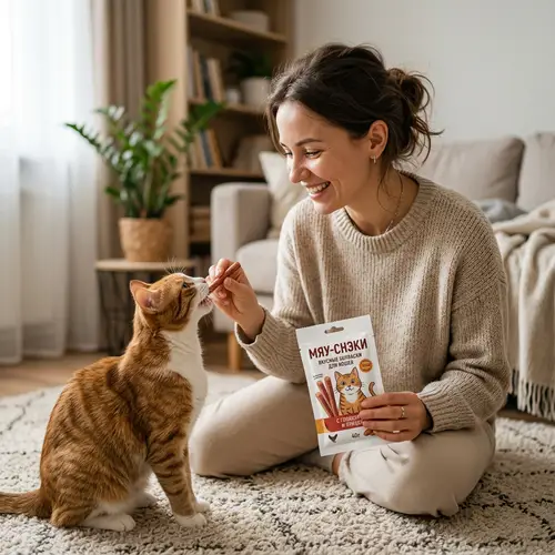 Woman Feeding Cat with Flow Pack Sausages
