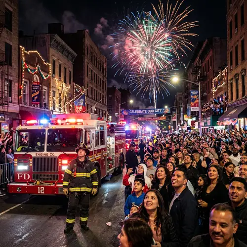 City Celebration Fireworks Display | Diverse Crowd & Firefighter