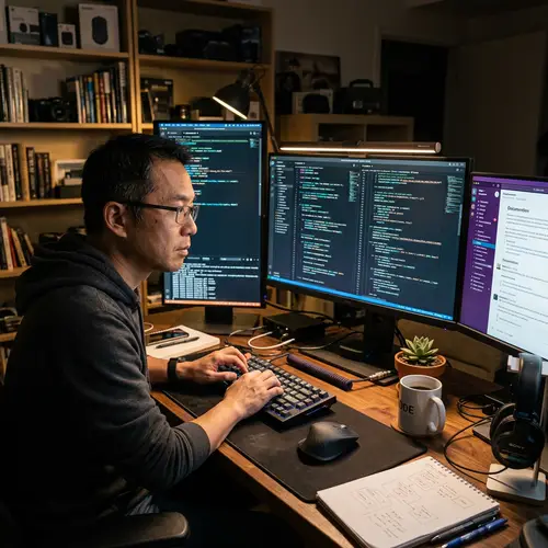 Middle-Aged Asian Programmer Typing Code - Programmer in Action