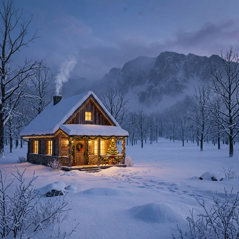Enchanting Winter Wonderland: Cozy House Amidst Snowy Landscape Enchanting Winter Wonderland: Cozy House Amidst Snowy Landscape