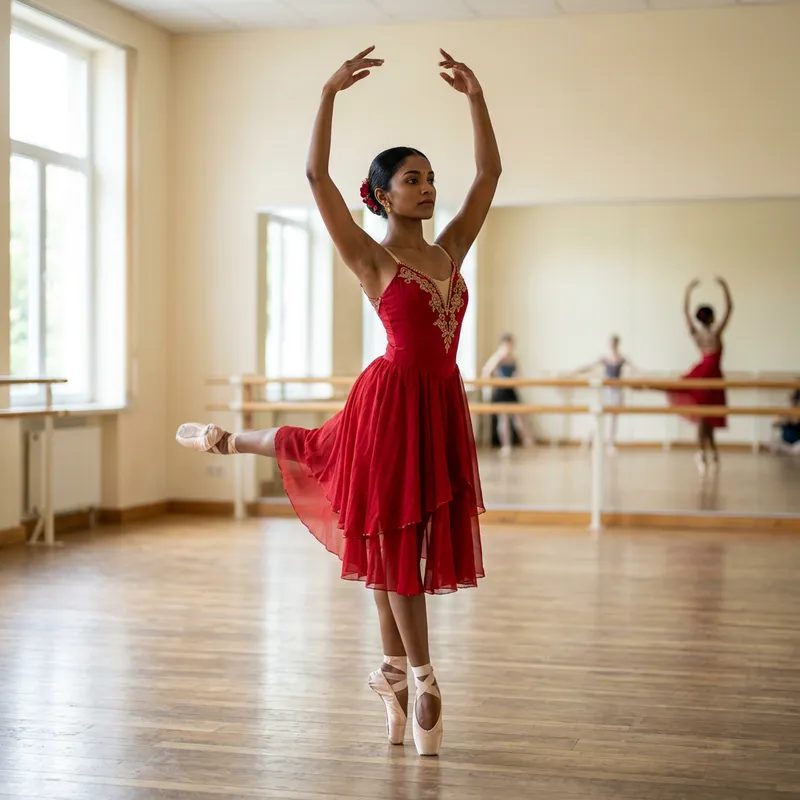 Elegant South Asian Ballerina in Red Dress - Graceful Pose