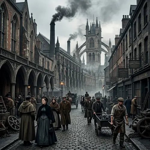 Industrial Revolution Gothic Scene: Architecture, Fashion & Machinery