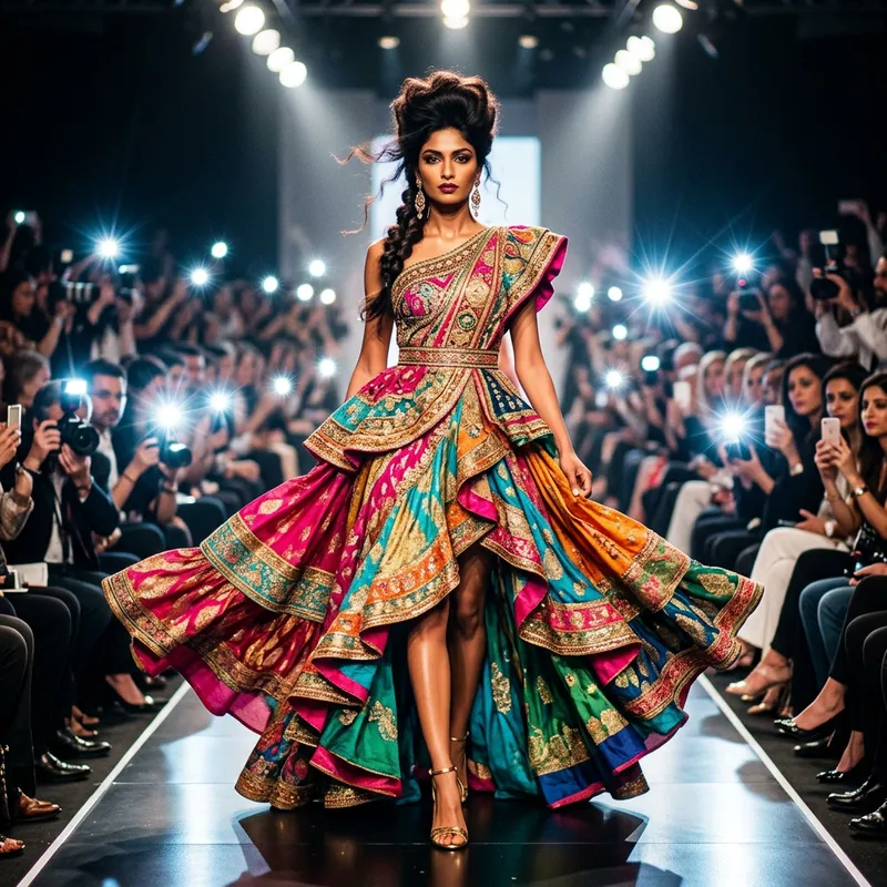 Elegant South-Asian Female Model in Vibrant Cascading Design