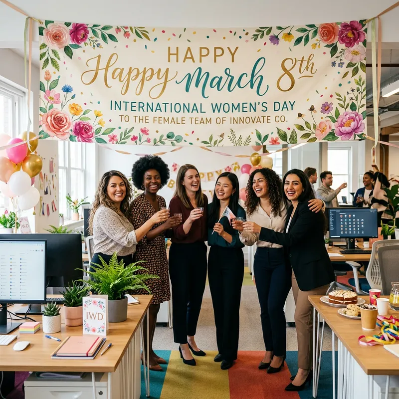 Diverse Female Team 8 March Banner for Company Celebrations