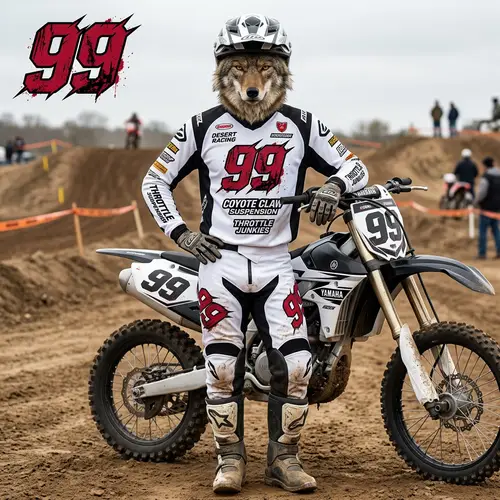 Ferocious Coyote in Black and White Motocross Gear