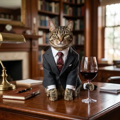 Professional Cat in Business Attire Sipping Wine | Elegant Feline Image