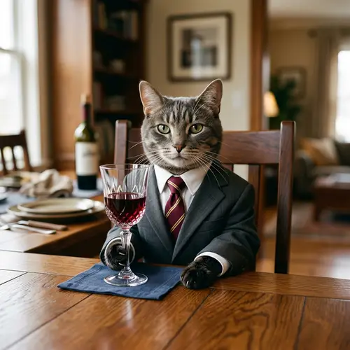 Clever Cat in Business Attire Enjoying Wine at Table
