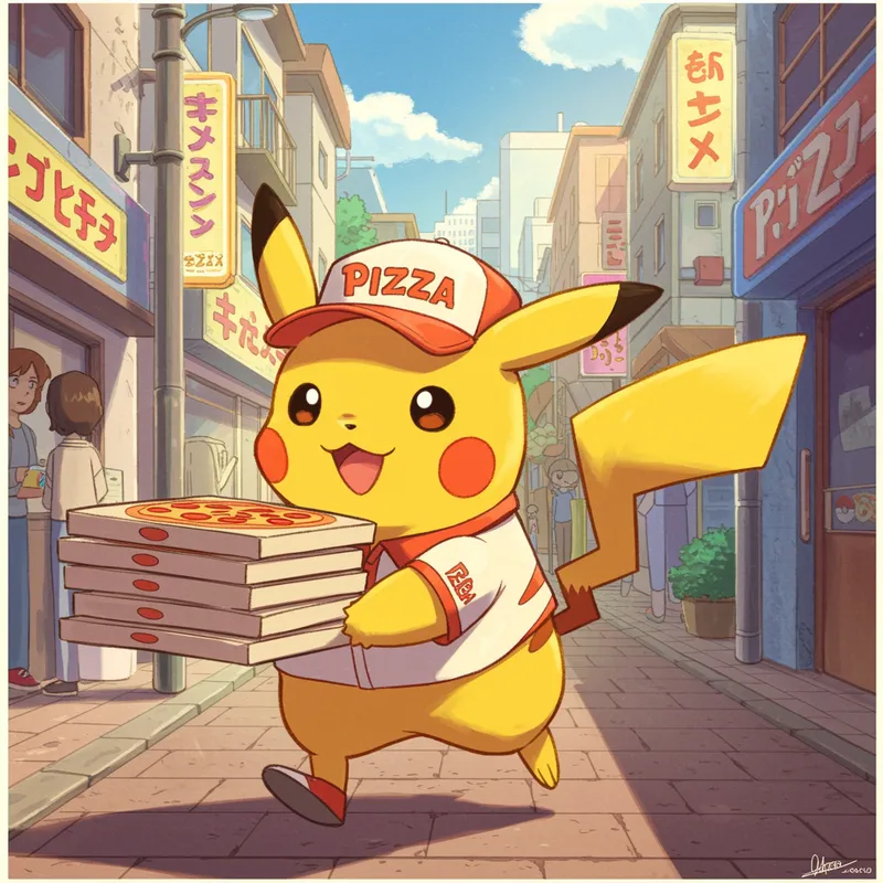 Pikachu Delivers Pizza in Anime Style