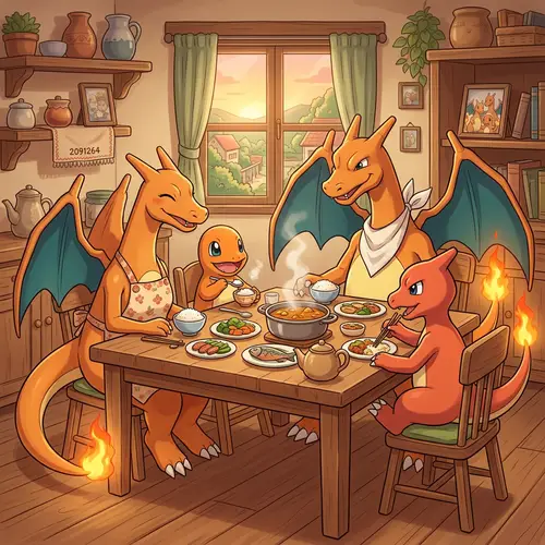 Charmander and Charizard Family Dinner Anime Art