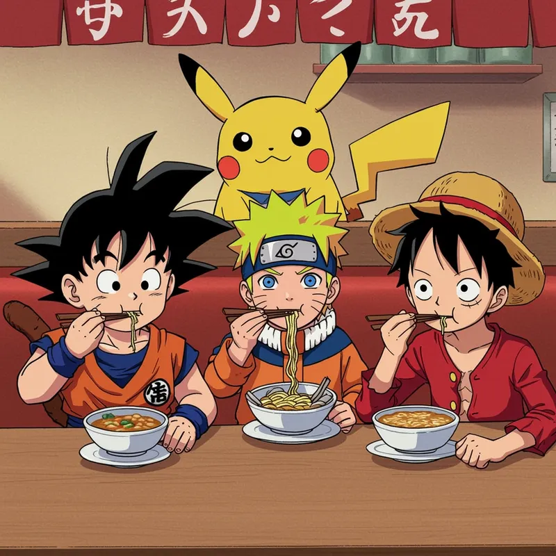 Goku, Naruto, and Luffy Enjoy Ramen Together
