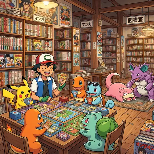 Anime Pokémon Card Game Scene with Ash and Friends