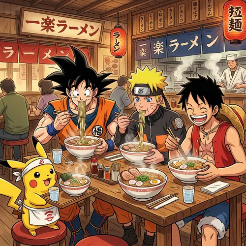 Goku, Naruto, and Luffy Enjoy Ramen Together