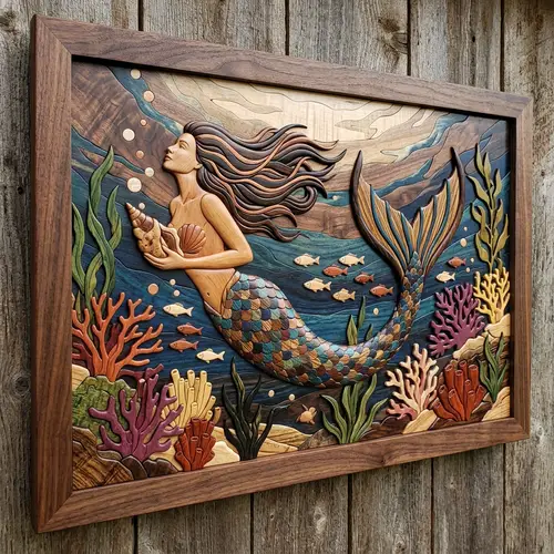 Wood Intarsia Mermaid Art for Home Decor