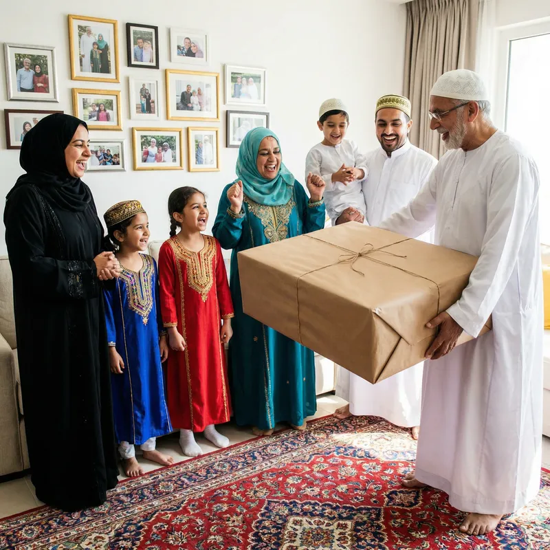 Joyful Muslim Family Excited by Parcel Delivery