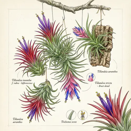 Vibrant Hanging Tillandsia Display: Botanical Illustration Inspired