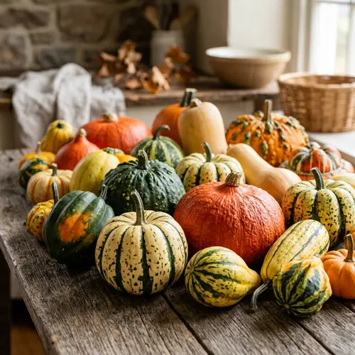Vibrant Squash Varieties on Rustic Wood Table
