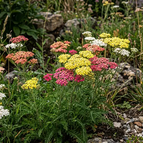 Vibrant Yarrow Plants in Rugged Garden Setting