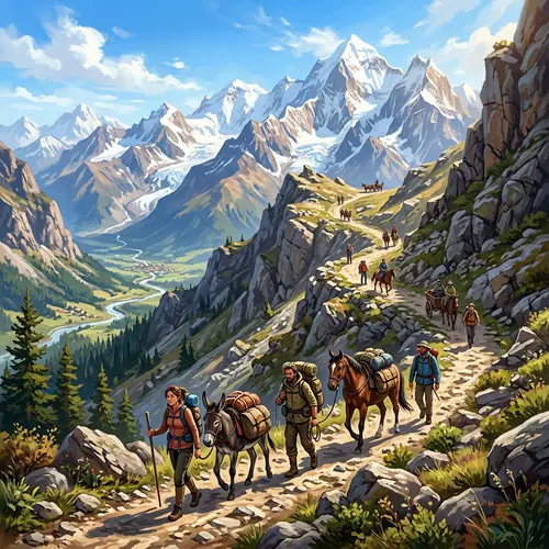 Sunny Mountain Pass with Travellers - Digital Art