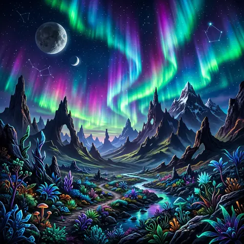 Alien Landscape with Northern Lights: A Dreamy View