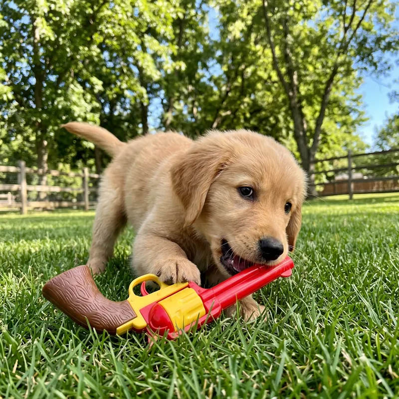 Adorable Puppy Plays with Vintage Pistol Toy