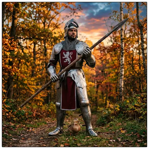 Hispanic Male Knight Guarding Duck in Silver Armor