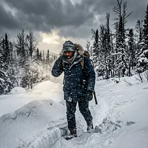 Winter Attire: Black Man Shielding Face from Cold Wind