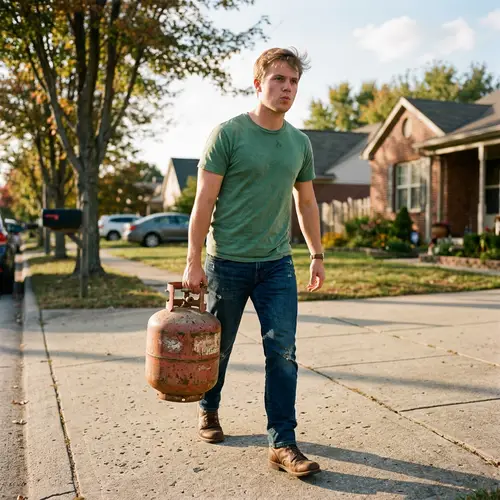 A Young Man Carrying Gas | Suburban Scene