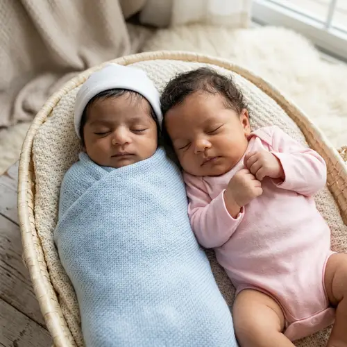 Newborn Babies of South Asian and Hispanic Descent Swaddled in Blue and Pink